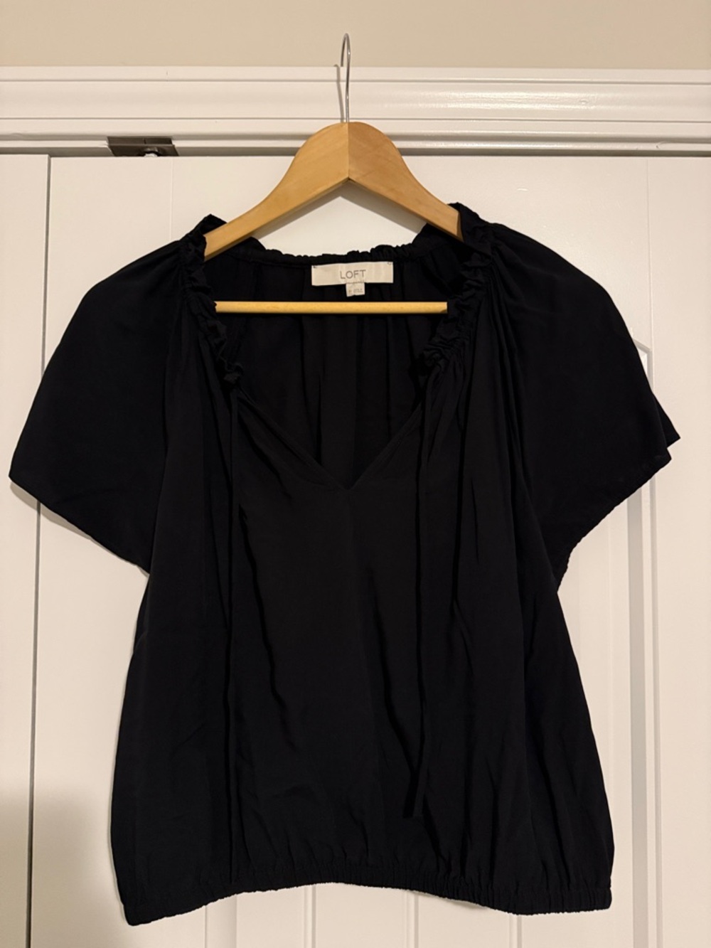 LOFT Black Ruffle-Trim V-Neck Short Sleeve Blouse